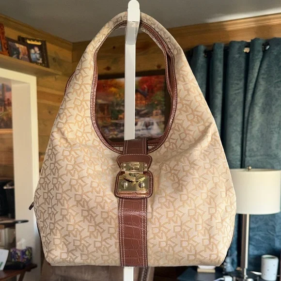 DKNY Beige and Brown Monogram Shoulder Bag - Picture 1 of 12